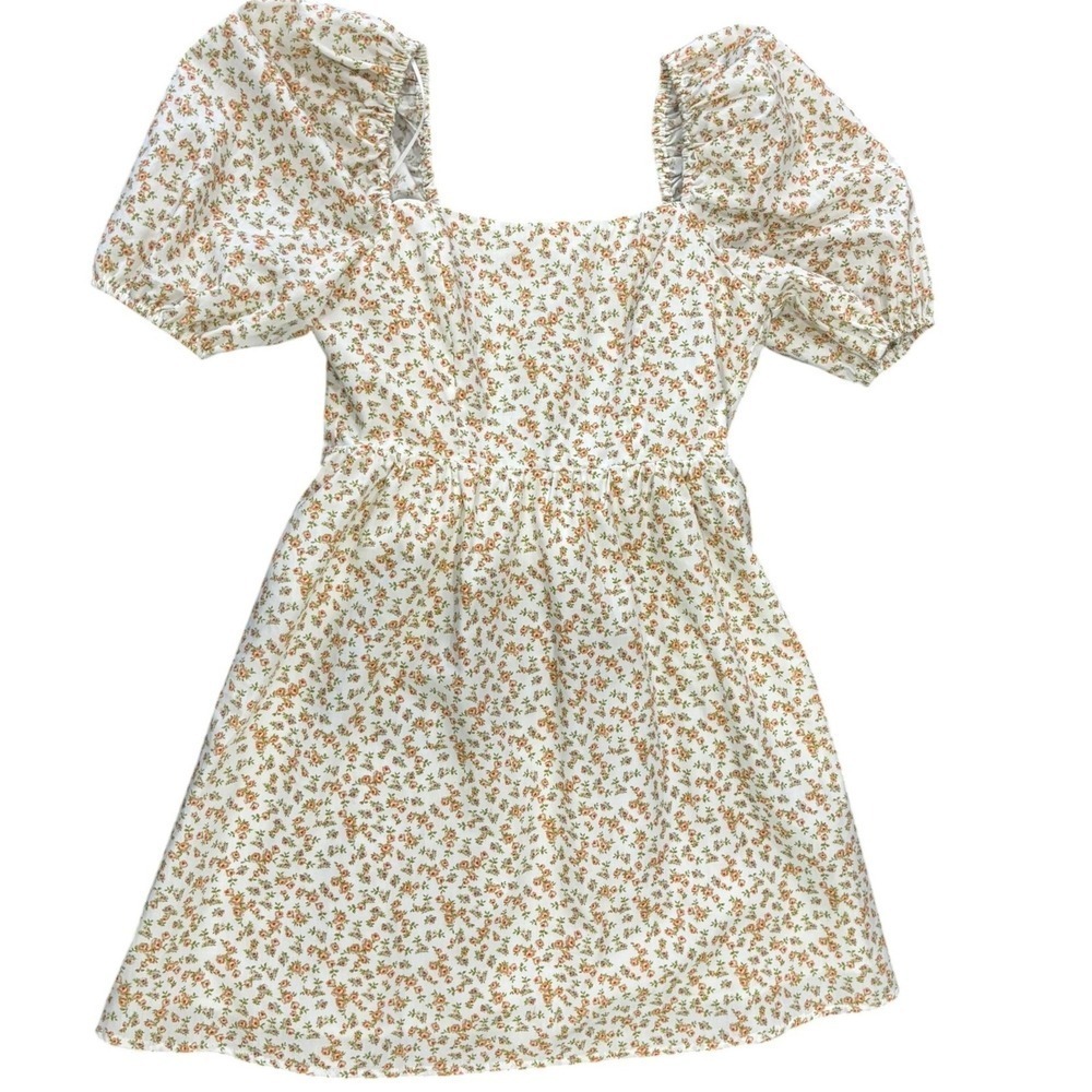 Copper Key Floral Puff Sleeve Mini Dress White Orange Cottagecore Small